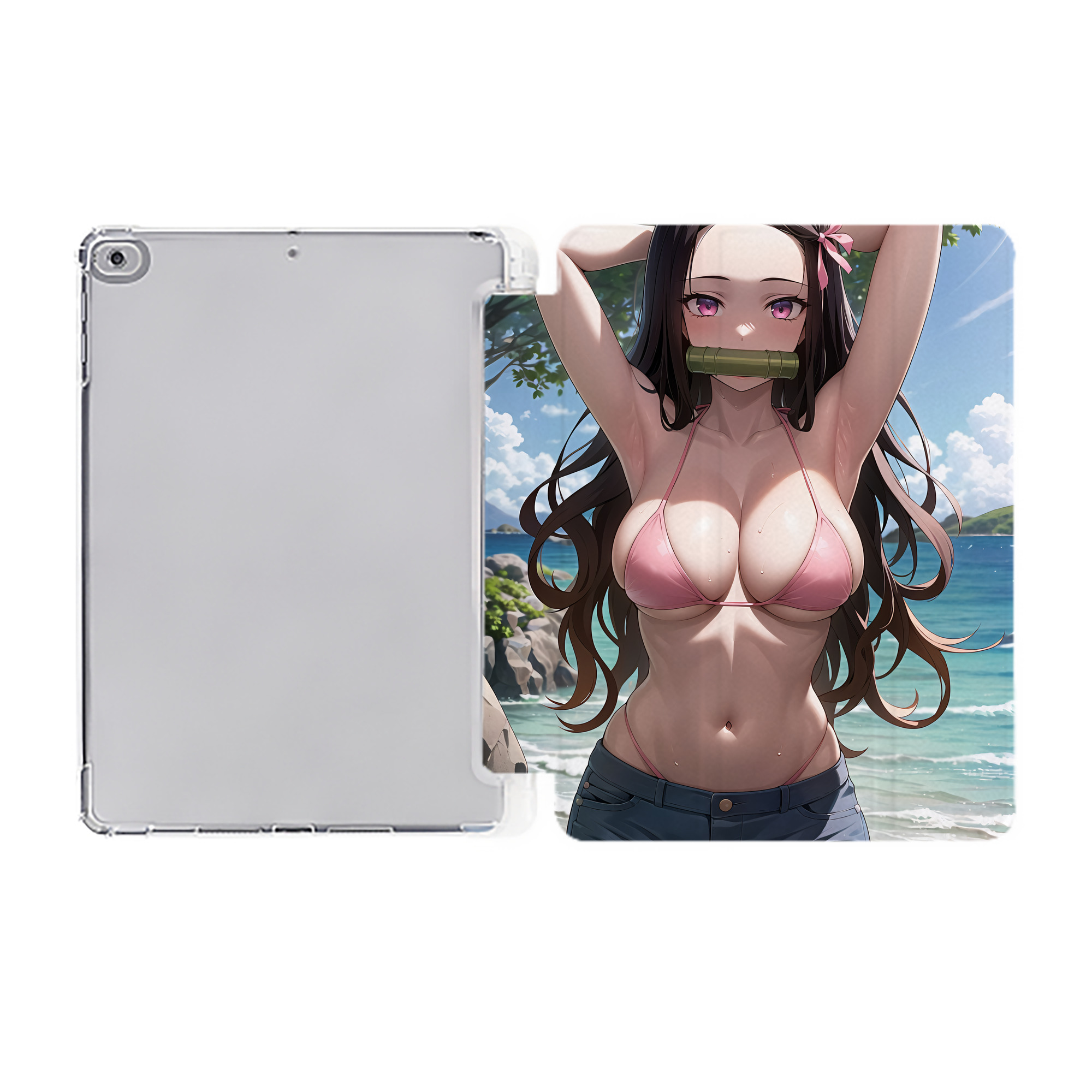 （画像用） 鬼滅の刃（きめつのやいば）竈門 禰󠄀豆子／かまど ねずこ Kamado Nezuko IPad ケース ペン収納付き 三つ折りスタンド PUレザー×シリコン 対応機種9.5/10.5/10.9インチ